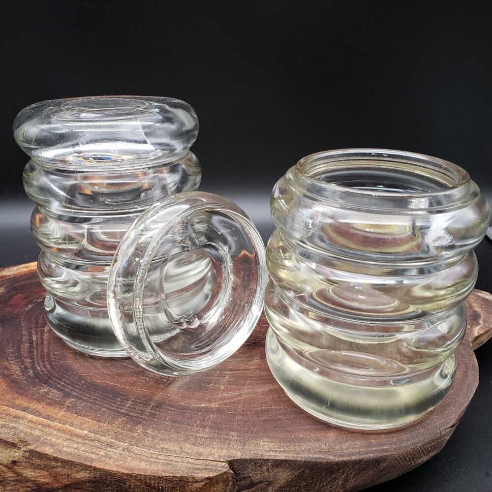 Vintage Heavy Ribbed Glass Jar Pair Apple Lid 4.25" Canisters Rustic Kitchen